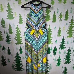 Vibrant Geometric Print Halter Cut Out Dress.
